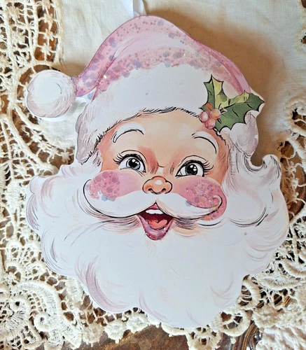Wood Santa Christmas Ornament Pink Hat Glitter Accents Victorian Tree NEW