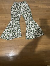 Girls Green White Floral Bell-Bottom Stretch Pull-On Pants Spring Summer Casual