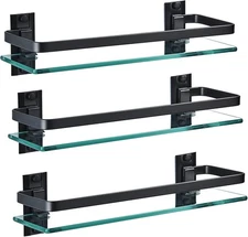 3 Pack Bathroom Glass Shelf,Aluminum Tempered Glass 0.34in Extra Thick Rectangul