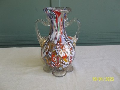 Signed Vintage Fratelli Toso Millefiori Double Handle Vase Murano 7 7/8'' Tall