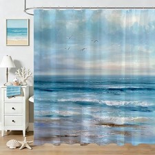 Abstract Teal Beach Shower Curtain Ocean Wave Waterproof 72x72 Inch 12 PCS