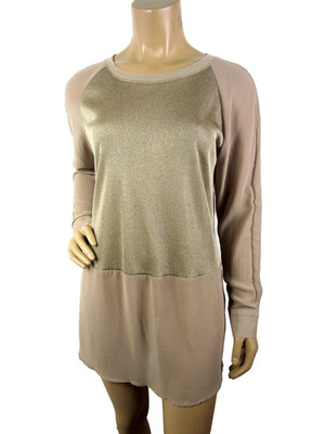 Uncle Frank Mixed Media Tunic Top Size XS  Gold Metallic Knit With Chiffon 