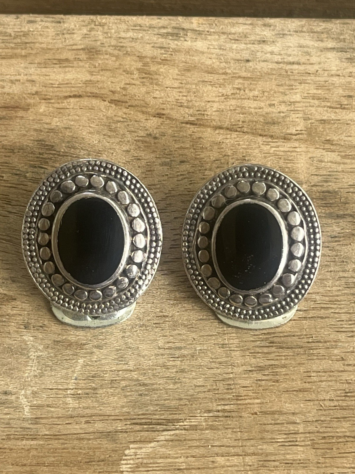 Vintage Clip-On Stud Earrings Sterling Silver  Black Onyx Oval Fashion Jewelry