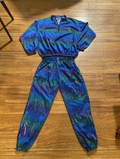 Vtg 90s Surf Style All Over Purple/Green Windbreaker W/Pants 1/4 Zip Mens Large