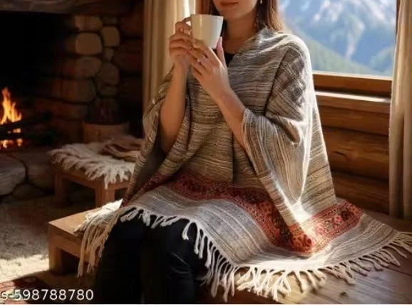 Mantón de invierno a rayas de lana para mujer/niña | Suave y cálido acogedor abrigo con flecos Foto 3 de 4