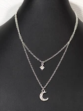 Silver Tone Crescent Moon Star Layered Charm Necklace Celestial Rhinestones 19"