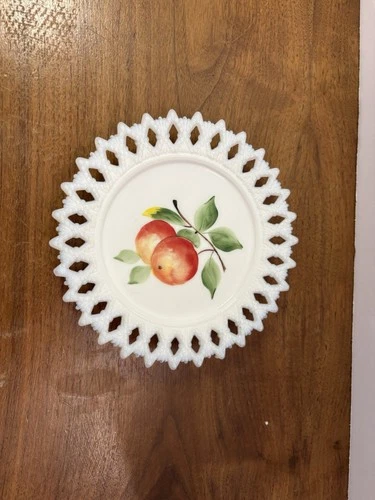 Vintage Hand Painted Small Milk Glass Lattice Plate with Peach Design 6”