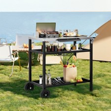 Outdoor BBQ Grill Cart Trolley Pizza Oven Stand Stainless Steel Prep Table Cart
