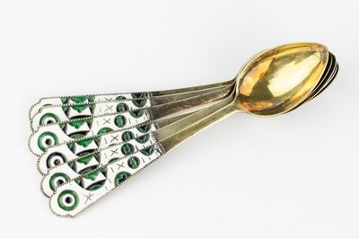 Feines sowjetisches 875 Silber Löffel Set (6) Emaille verziert 