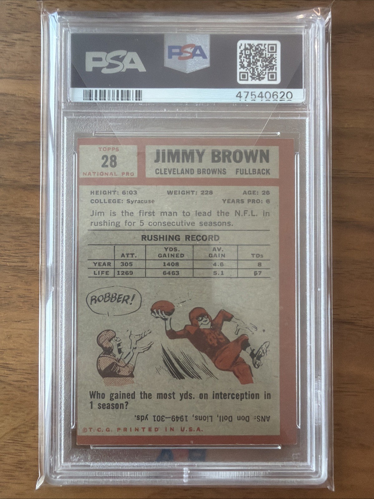 1962 Topps Football Jim Brown Cleveland Browns #28 PSA 4 CENTERED view 2