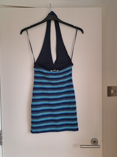 Retro 70s Halterneck Dress Mini Size S Striped Crochet Blue Pull&Bear BNWT - Picture 9 of 18