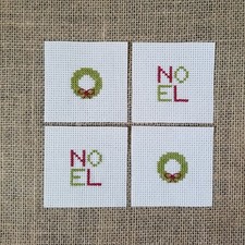 Finished Completed Cross Stitch Wreath and Noel Christmas 4 Mini Pieces