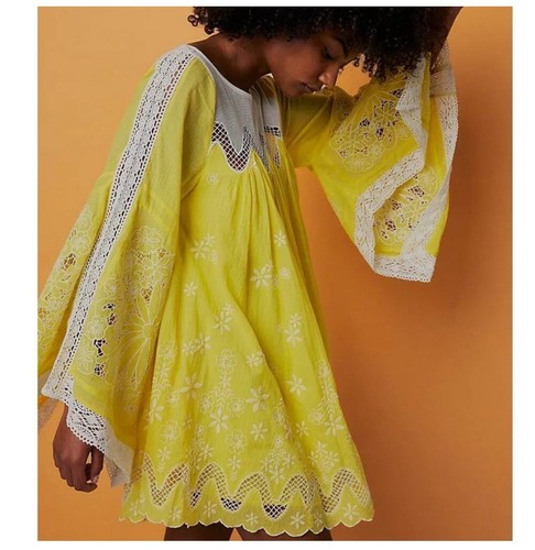 NWT Free People x House of Aama Marimba Mini Dress Womens Small Yellow $248