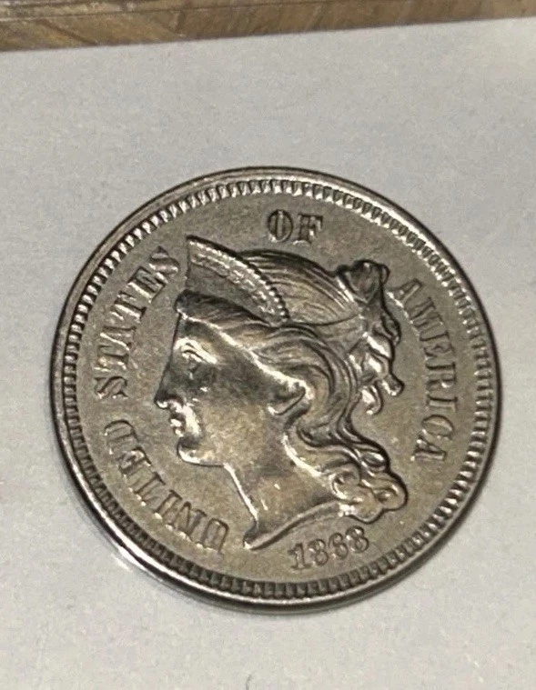 Old ManDuffy’s super three 3some! 3 x 3c nickel xf++/AU 1866 67 & 69 great convo - Image 2 of 4