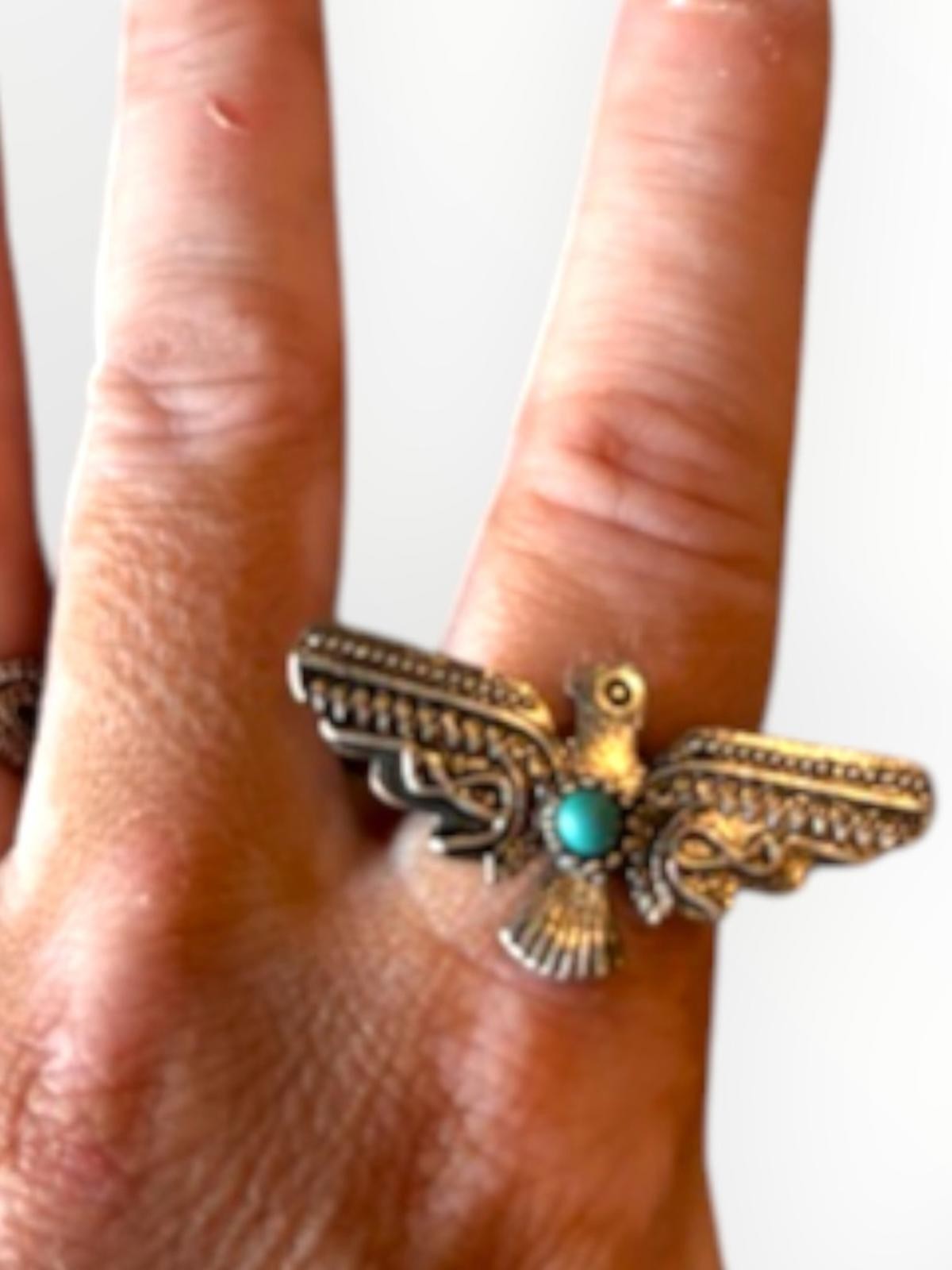 Thunderbird Turquoise Ring Silver Tone Southwest … - image 6