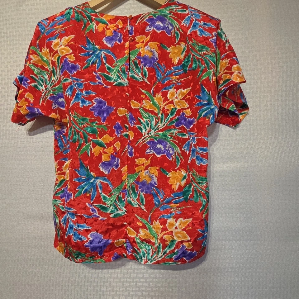 Blusa Nicola Vintage Pequeña Roja Floral Trasera Botón Top Años 80 90 Corea Foto 3 de 4