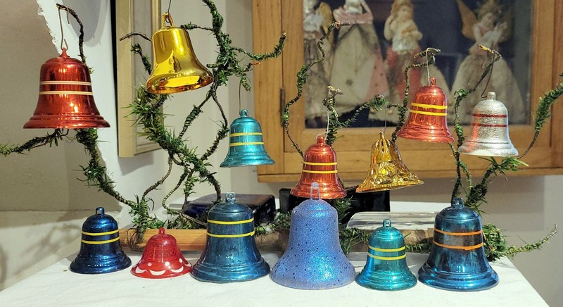 Bells, & more Bells. Metal & Plastic various colored  Ornaments. 1950s, USA.
