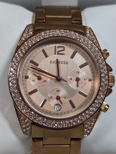 Express Gold Tone Multifunction Dial Round Case Stainless Steel Band Watch 6.5in