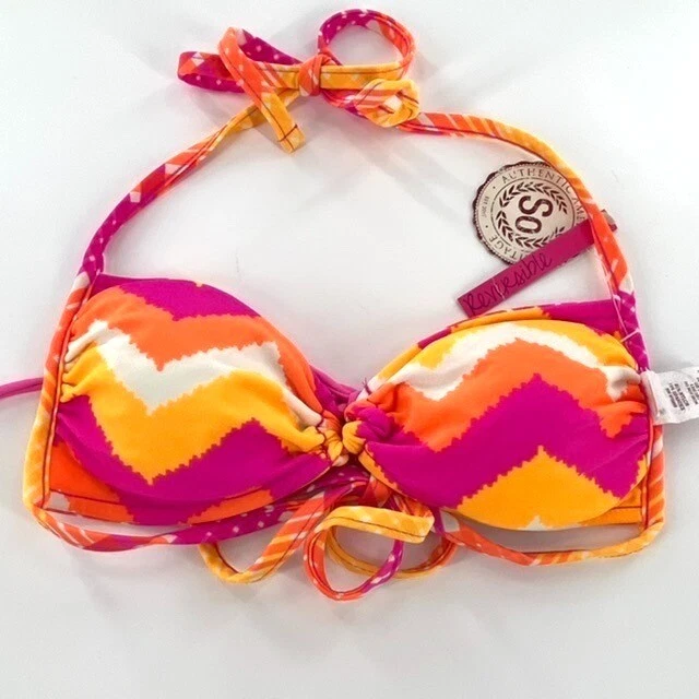 Bikini reversible traje de baño halter top juniors talla XS rosa naranja rayas chevron Foto 2 de 4