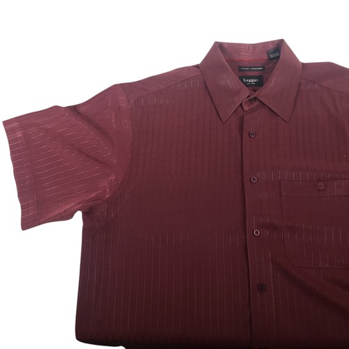 Haggar Casual Shirt Mens Sz L Button Up Short Sleeve Burgundy Check Regular Fit - Picture 8 of 9