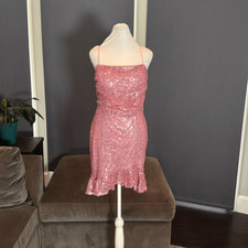 Women  s Pink Sequined Short Homecoming Party Dress Ruffle Hem CorsetBack Size 8