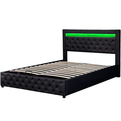 LED Light Functional Upholstered Bed with Slatted Frame and Storage Space - Picture 18 of 26
