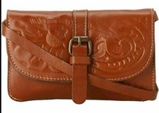 Patricia Nash Leather TORRI Leather Flap Crossbody Organizer Bag Tan Tooled