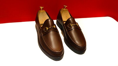 849.00 !! GUCCI RARE WOMEN BROWN GENEGUM LOAFERS GOLDEN BITS SHOES