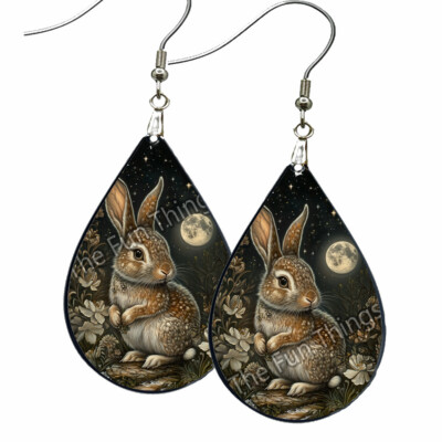 Full Moon Rabbit Earrings Teardrop NO TARNISHING Vintage Art Print Style