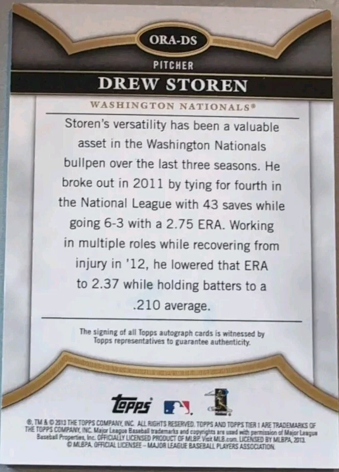 DREW STOREN 2013 Topps Tier One 1 On the Rise AUTO #/299 Nationals Mariners Reds - Image 2 of 2
