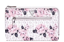 NEW GUESS Women's Pink White Floral Logo Print Zip-Around Wallet Clutch Bag