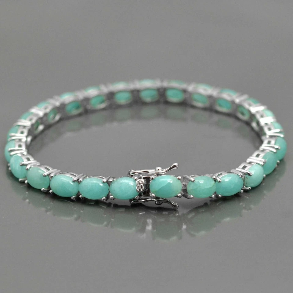 Natural Amazonite Oval Gemstone 925 Sterling Silver Tennis Bracelet Gift For Her - Image 3 of 4