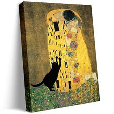 Klimt the Kiss Cat Canvas Print Black Cat Art Paintings Wall Home Decor Gift