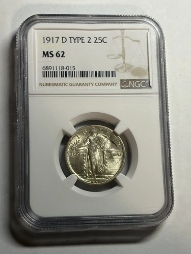 1917-D Standing Liberty Quarter Type 2 NGC MS62 Great Luster Tougher Date