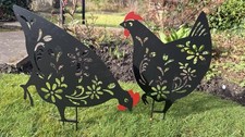 Set 2 Black Hens Metal Garden Stake Decoration Chicken Grass Plant Bed Ornament
