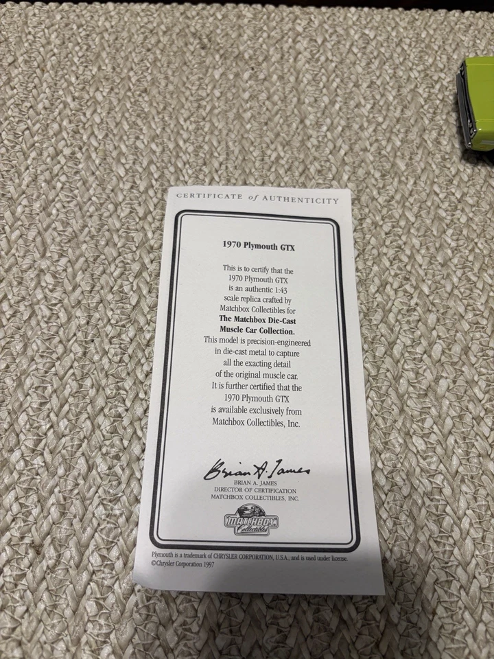New 1:43 Matchbox Collectibles 1970 Plymouth GTX YMC07-M w/COA Die-cast metal - Image 2 of 4
