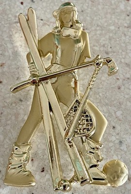 Vintage AJC Golden Girl Brooch Tennis Soccer Golf Ski Hockey Gold Tone Pin 2.5''