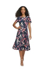 NWT Calvin Klein Size 8 Black Pink Floral Fit  Flare Midi Dress Short Sleeve