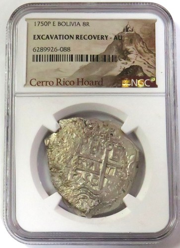 1750 P E SILVER BOLIVIA 8 REALES CERRO RICO HOARD COB EXCAVATION RECOVERY NGC AU