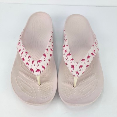 Crocs W8 KADIE Pink Flamingos Bird Flat Comfort Thong Flip Flop Slide Shoe