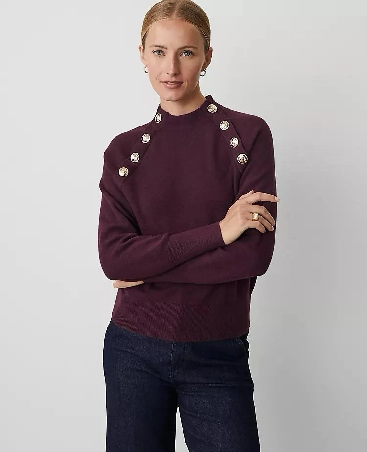 Ann Taylor сливы бордовый реглан Jewel‐кнопка Crewneck свитер насмешливый шеи XXL - Изображение 3 из 4