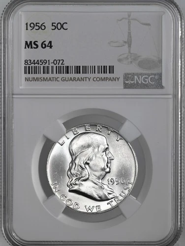 1956-P  50C  FRANKLIN SILVER HALF DOLLAR "PHILADELPHIA"  NGC MS64 #8344591-072