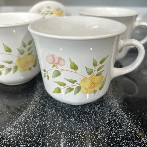 Vintage Corning White Windsor Rose Yellow Pink Floral Coffee Tea Mugs - Set of 4