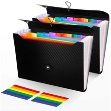 2Pcs Expanding File Folder, 13 Pockets Accordion File Holder Organizer, A4 Le...