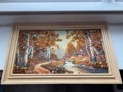 VTG PAINTING BALTIC AMBER WALL DECOR PICTURE Fall Trees Unique Gift USSR