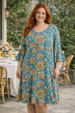 Leota Blake Bell Sleeve Dress 3L 24/26 Blue Yellow Floral Shift Stretch NWT
