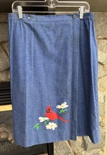 Handmade Woman  s Hand Painted Red Cardinal Bird 70  s  Chambray Wrap Skirt VTG