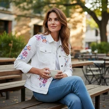 DG2 Denim Jacket Diane Gilman Bohemian Floral Pockets Fringed Comfy Designer 3X