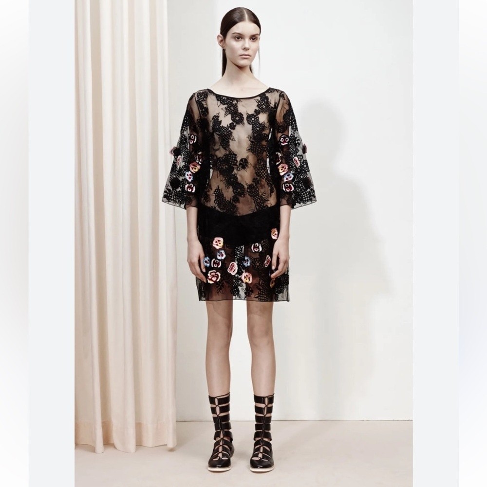suno silk dress SUNO Silk Embroidered Lace Dress with Raised Floral Applique, Black, Size 6