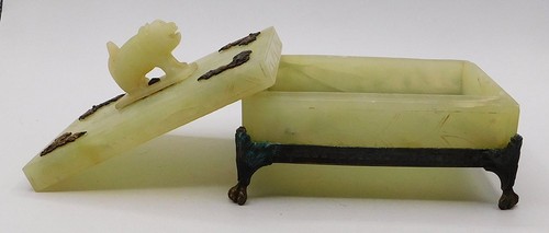 VTG Antique Hand Carved Chinese Green Jade Hard Stone Bronze Trinket Box Casket - Picture 17 of 24